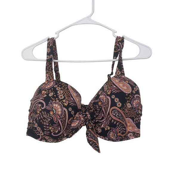 Shade & Shore  Womens Black Paisley Bikini Top With Tie Front Size 36DD - Picture 10 of 11